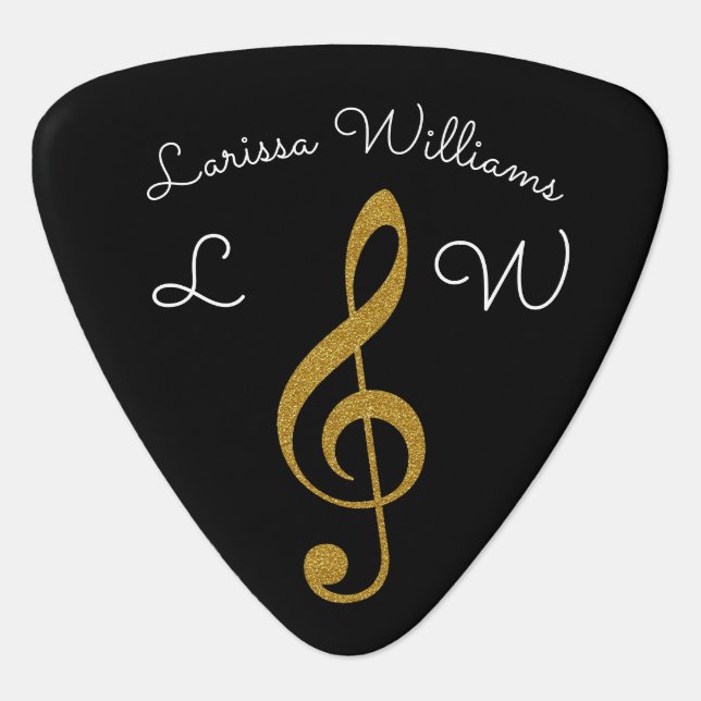 golden musical treble clef personalized black guitar pick (Front)