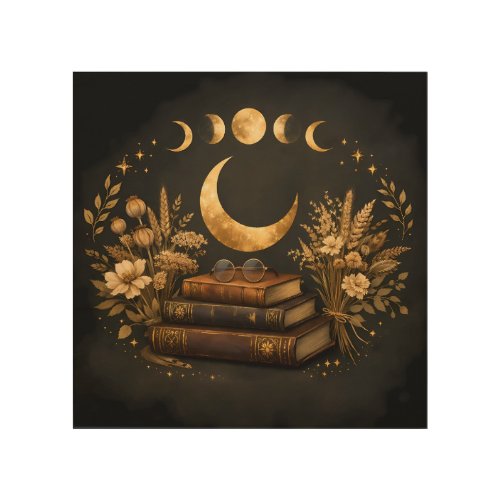Golden Mystic Library & Botanical Boho Moon Art