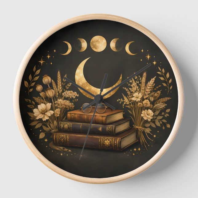 Golden Mystic Library & Botanical Boho Moon Art  Clock (Front)