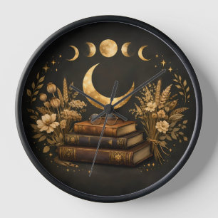 Golden Mystic Library & Botanical Boho Moon Art  Clock