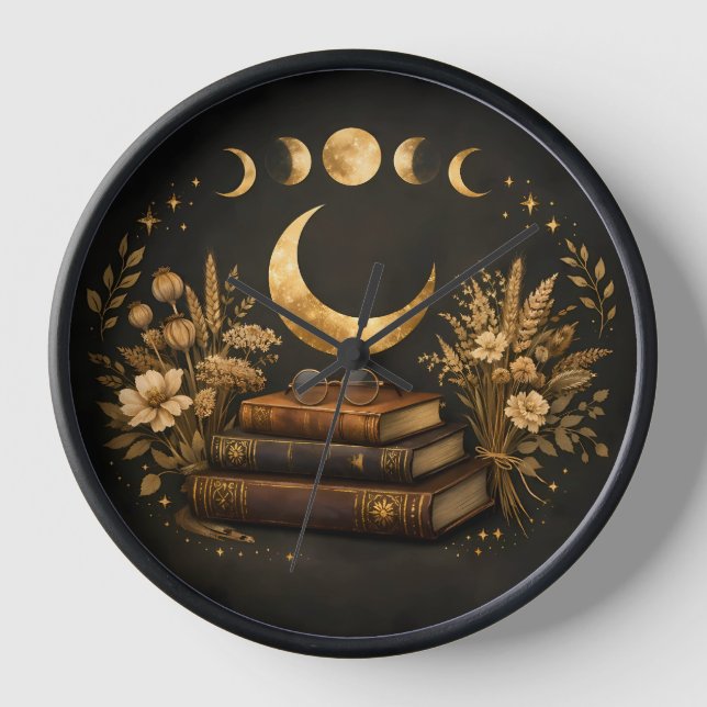 Golden Mystic Library & Botanical Boho Moon Art  Clock (Front)