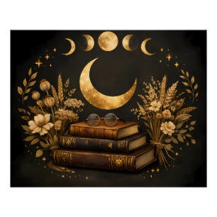 Golden Mystic Library & Botanical Boho Moon Art  Poster
