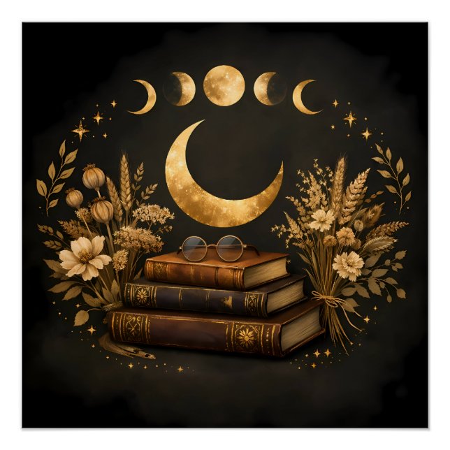 Golden Mystic Library & Botanical Boho Moon Art  Poster (Front)