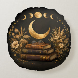 Golden Mystic Library & Botanical Boho Moon Art  Round Pillow
