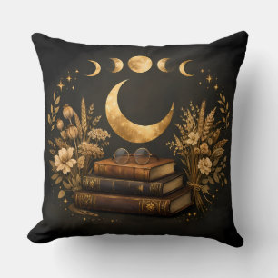 Golden Mystic Library & Botanical Boho Moon Art Throw Pillow