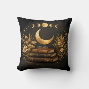Golden Mystic Library & Botanical Boho Moon Art  Throw Pillow