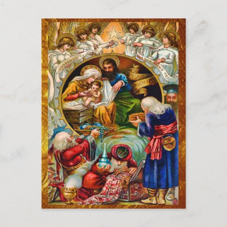 Golden Nativity Scene Postcard