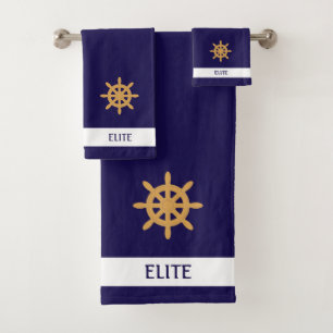 Golden nautical wheel on navy blue bath towel set