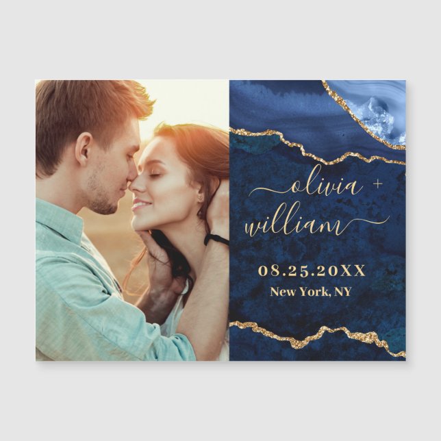 Golden Navy Blue Agate Save the Date Magnetic Card (Front)