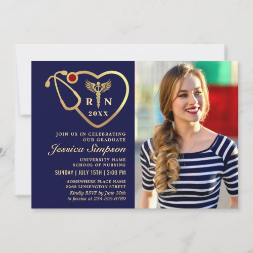 Golden Navy Modern Nursing School Graduation Party Invitation