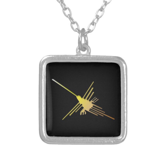 Golden Nazca Lines Hummingbird Silver Plated Necklace (Front)