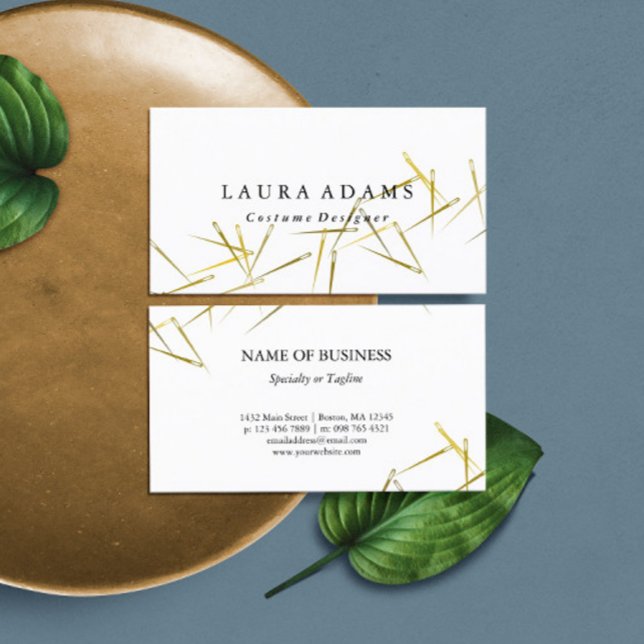 Golden Needles White | Elegant Fashion Designer Business Card (Creator Uploaded)
