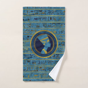 Golden Nefertiti on blue marble stone Bath Towel Set
