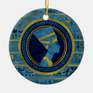 Golden Nefertiti on blue marble stone Ceramic Ornament
