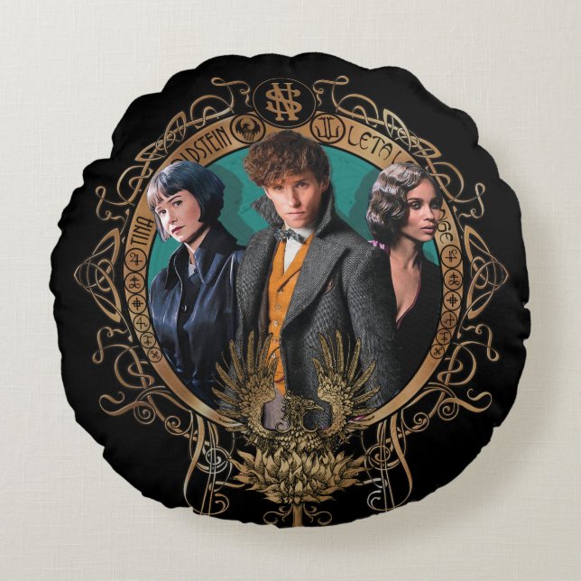 Golden Newt, Tina, and Leta Art Deco Portrait Round Pillow (Front)