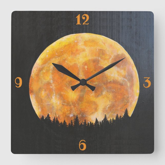 Golden Night Full Moon Over The Pine Forest Square Wall Clock (Front)