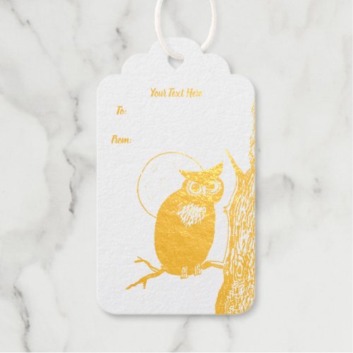 Golden Night Owl in Tree Big Eyes Moon Foil Gift Tags