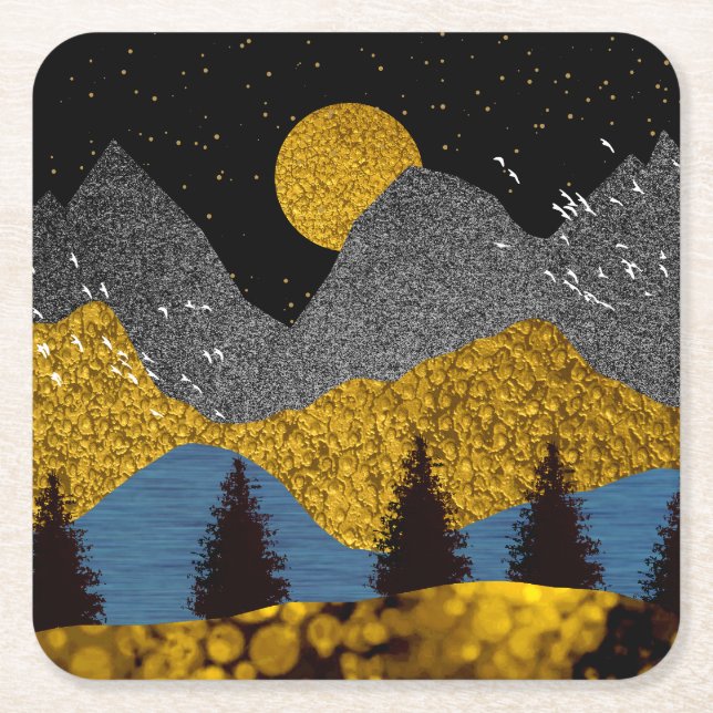 Golden Night Square Paper Coaster (Front)