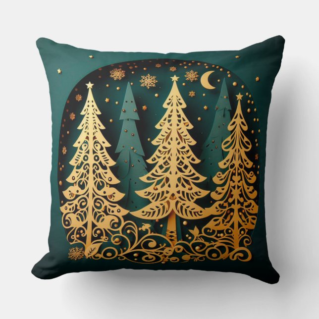Golden Night Woodland – Christmas Tree Pattern Throw Pillow (Front)