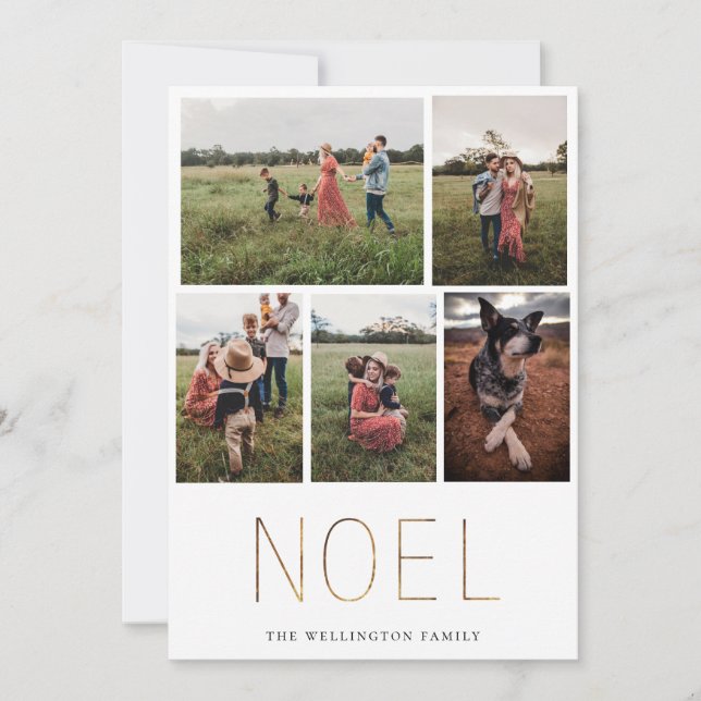 Golden NOEL Modern Photo Collage Holiday Card (Front)