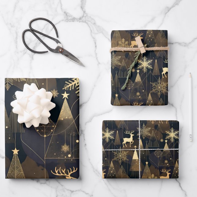Golden Noir Christmas Forest Wrapping Paper Sheets (Front)