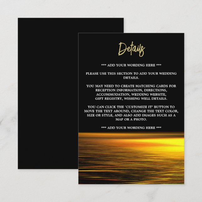 Golden Ocean, Elegant Beach Wedding Detail Enclosure Card (Front/Back)