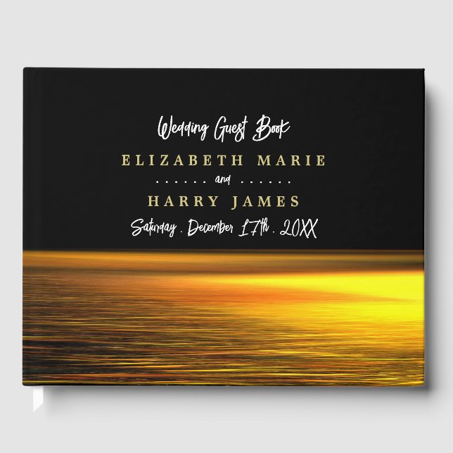 Golden Ocean, Elegant Beach Wedding Guest Book (Front)