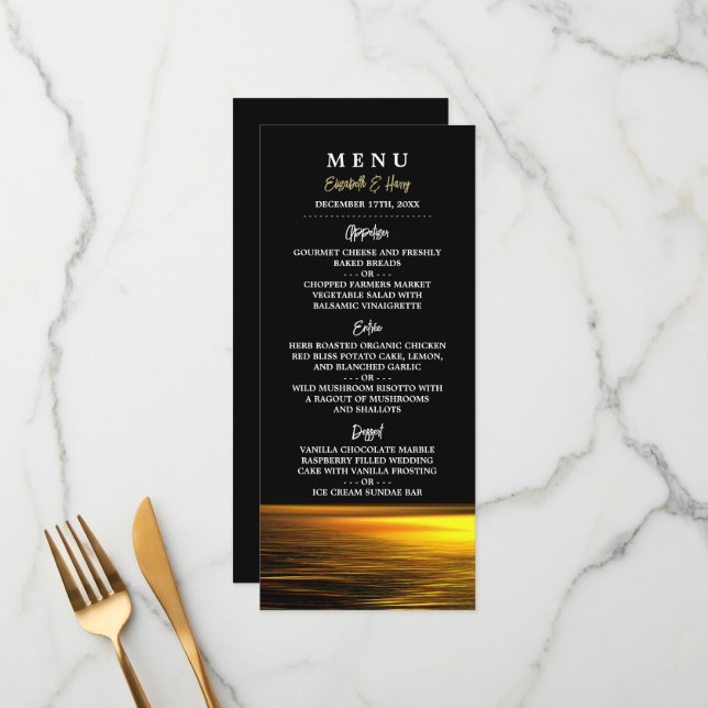 Golden Ocean, Elegant Beach Wedding Menu (Front/Back In Situ)