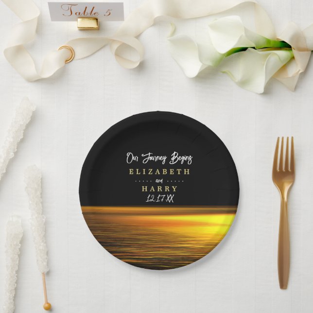 Golden Ocean, Elegant Beach Wedding Paper Plates (Wedding)