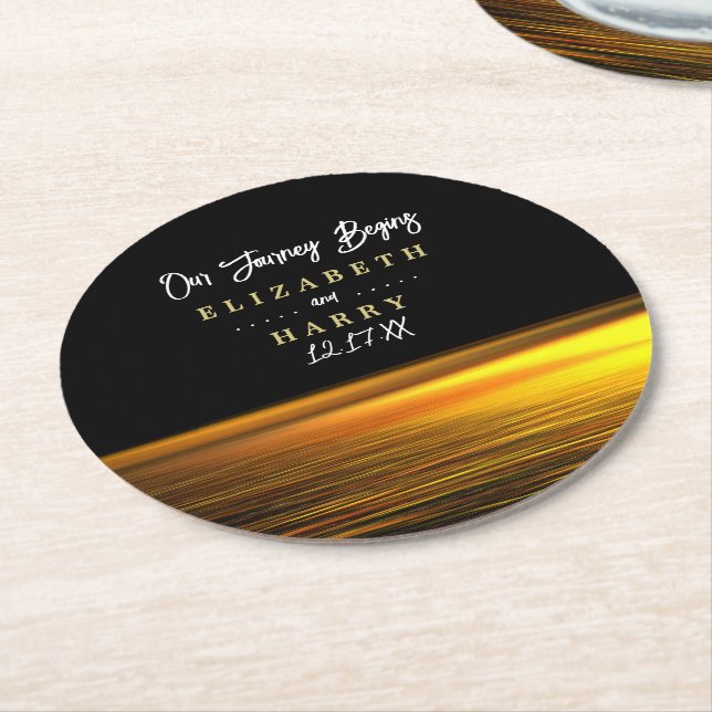 Golden Ocean, Elegant Beach Wedding Round Paper Coaster (Angled)