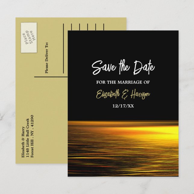 Golden Ocean, Elegant Beach Wedding Save The Date Announcement Postcard (Front/Back)