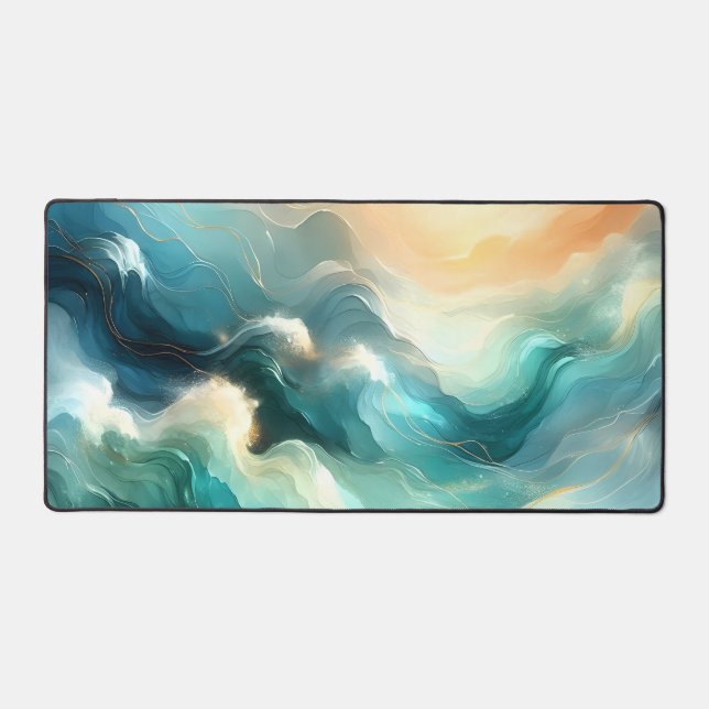 Golden Ocean Flow Abstract Waves Desk Mat (Front)