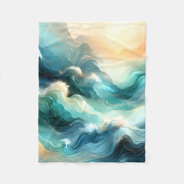 Golden Ocean Flow Abstract Waves Fleece Blanket (Front)