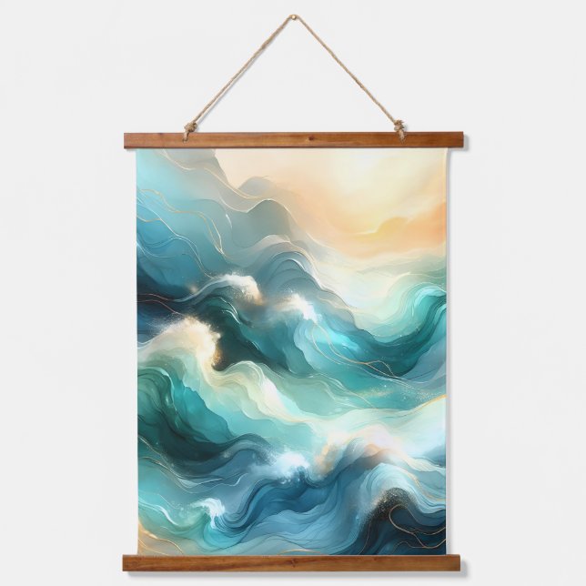 Golden Ocean Flow Abstract Waves Hanging Tapestry (Front)