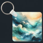 Golden Ocean Flow Abstract Waves Keychain<br><div class="desc">Soft flowing waves in rich teal and turquoise tones blend seamlessly with warm golden light.</div>