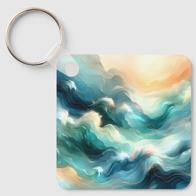 Golden Ocean Flow Abstract Waves Keychain (Front)