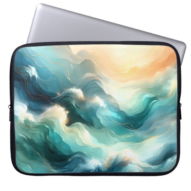 Golden Ocean Flow Abstract Waves Laptop Sleeve (Front)