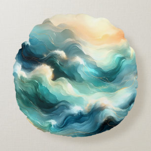Golden Ocean Flow Abstract Waves Round Pillow