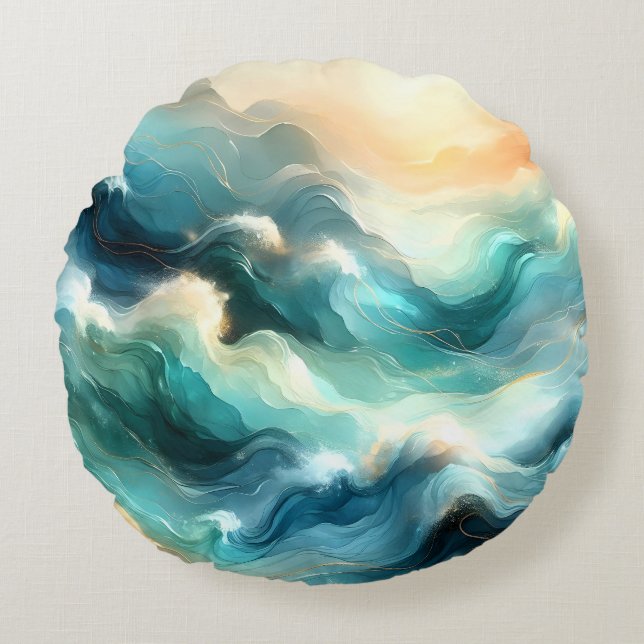Golden Ocean Flow Abstract Waves Round Pillow (Front)