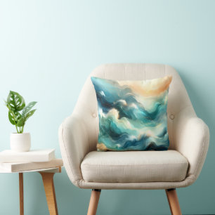 Golden Ocean Flow Abstract Waves Throw Pillow