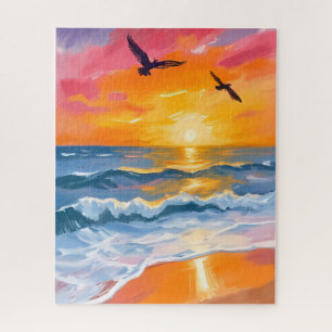 Golden Ocean Sunset Watercolor Beach Painting Jigsaw Puzzle