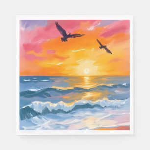 Golden Ocean Sunset Watercolor Beach Painting Napkins