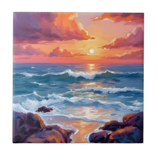 Golden Ocean Sunset   Watercolor Coastal Radiant Ceramic Tile