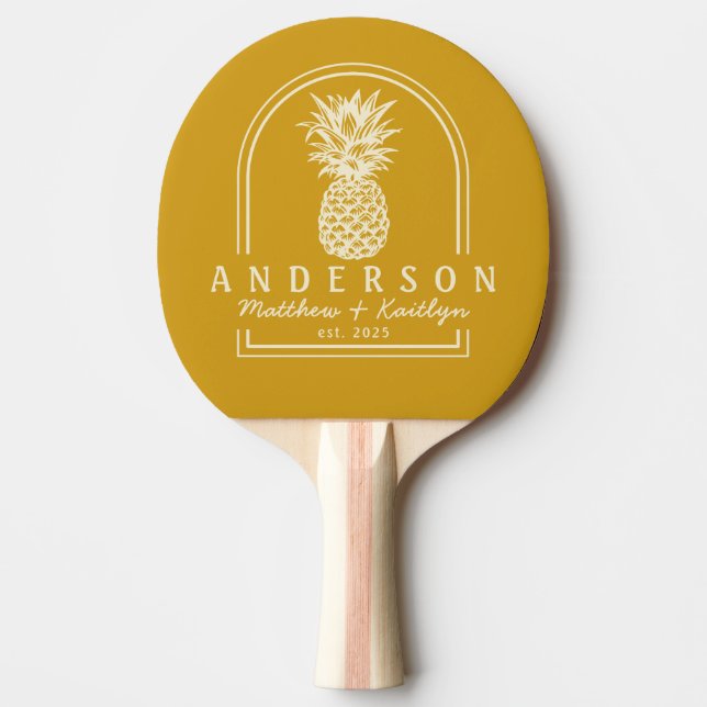 Golden Ochre Pineapple Wedding Arch & Name Ping Pong Paddle (Front)