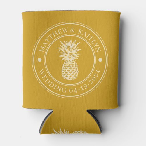 Golden Ochre Pineapple Wedding Crest &amp; Names Can Cooler