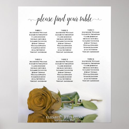 Golden Ochre Rose 6 Table Wedding Seating Chart