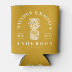 Golden Ochre Tropical Pineapple Wedding Crest Can Cooler
