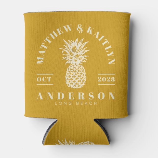 Golden Ochre Tropical Pineapple Wedding Crest Can Cooler (Front)