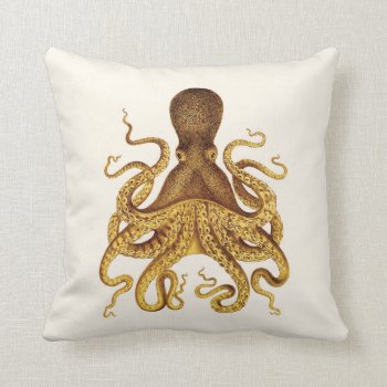 Golden Octopus Illustration On Cream Throw Pillow by AnyTownArt at Zazzle