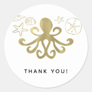 Golden Octopus & Sea Shells Beach Birthday Party Classic Round Sticker